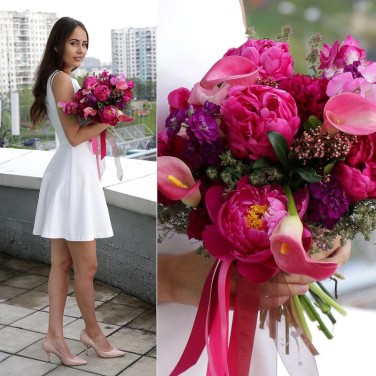 Яркий свадебный букет из пионов, калл и фрезий Малина