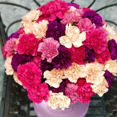 Букет из сортовых гвоздик в шляпной коробке