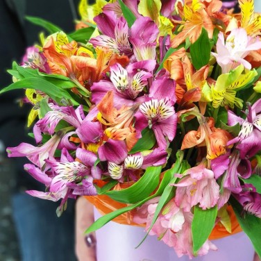 Шикарная композиция из альстромерий в шляпной коробке