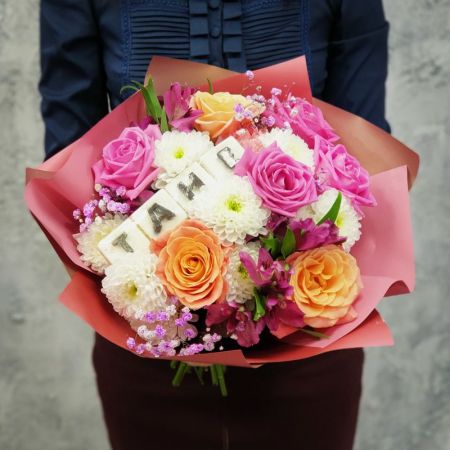 Авторский букет из роз, хризантем, гипсофиллы ТАНЕ