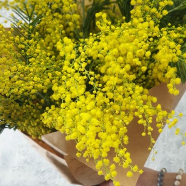 Букет из цветущей мимозы в крафте