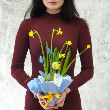 Композиция с нарциссами, лагурусом и божьими коровками