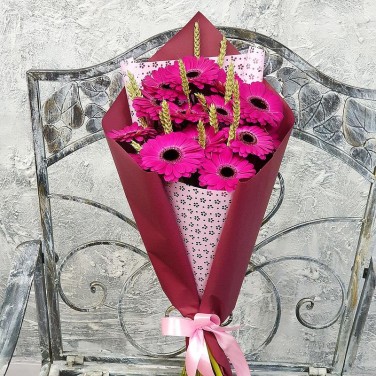 Моно-букет из малиновых минигербер с пшеницей