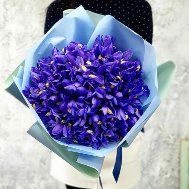 Синий букет ирисов в современной упаковке