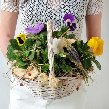 Корзина с анютиными глазками и природным декором