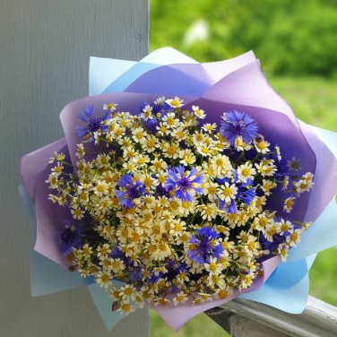 Букет из ромашек и васильков в современной упаковке