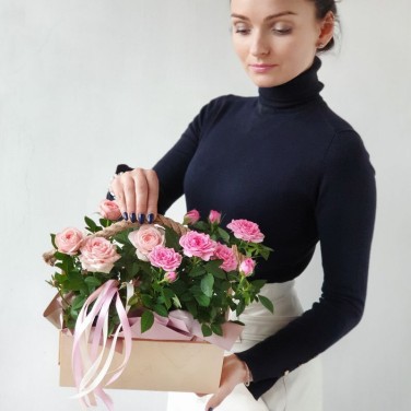 Ящичек с горшечными розами и лентами