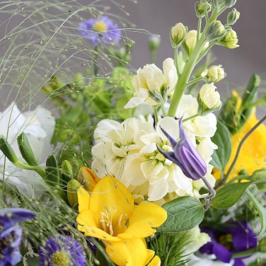 Оригинальная композиция в вязанном кашпо с фрезиями, барбареллой и эустомой