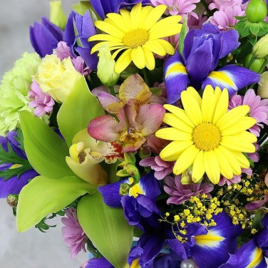 Компактный букет из ирисов и орхидей