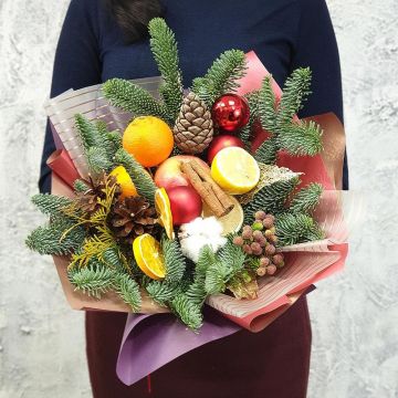 Зимний букет из фруктов, корицы и хлопка