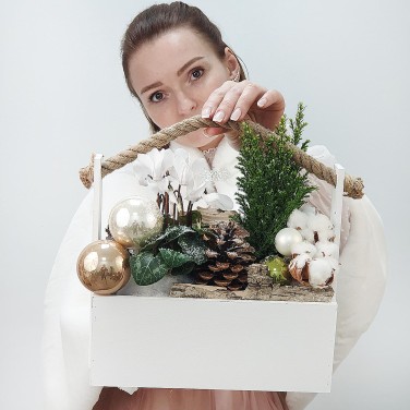 Новогодняя композиция в ящике из кипариса и хлопка
