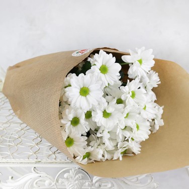 5 белых хризантем в крафте