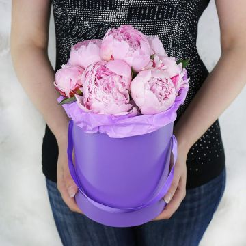 Шляпная коробка из 7 розовых пионов