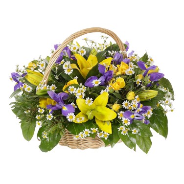 Корзина с ирисами и лилиями