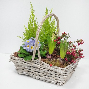 Корзина с горшечными цветами Скоро лето