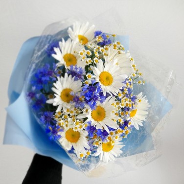 Ромашки и васильки в букете