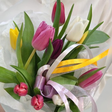 11 разноцветных тюльпанов