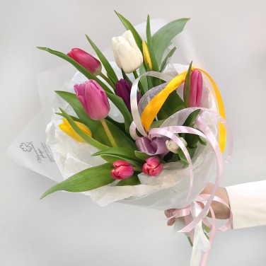 11 разноцветных тюльпанов