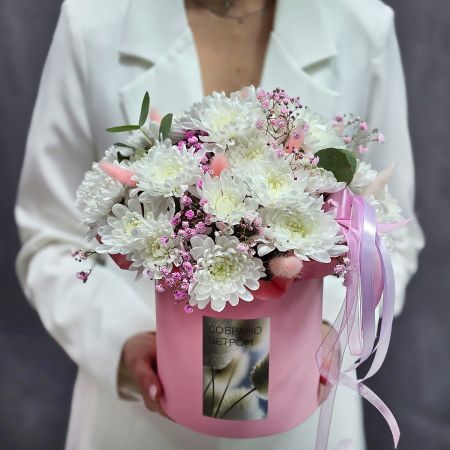 Букет белых хризантем Вечность в коробке